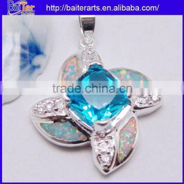 Many Designs !!! Created Opal And Square Light Blue Topaz And Pave Diamond Necklace Pendant