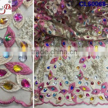 CL60068 Newest design good quality french lace fabric with stones, net tulle fabric