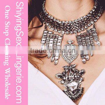 Trendy Silver Crystal Flower Crescent Moon Big Choker Necklace