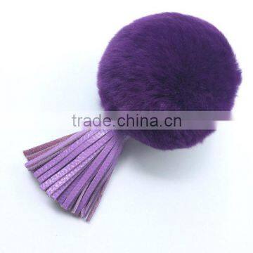 Deep Purple Rabbit Fur bag charm keychain with real leather tassel                        
                                                                                Supplier's Choice
