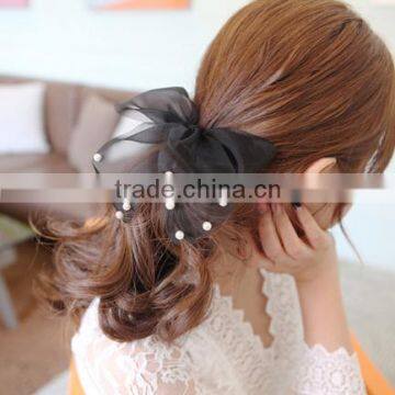 Elegant Small Imitation Pearls Decoration Big Chiffon Bows Elastic Rubber BandsHairwear Hair Accessories For Women & Girls