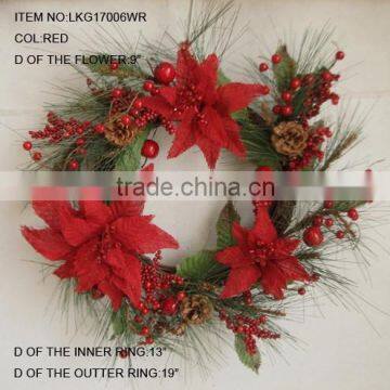 2015 new christmas artificial poinsettia and berry wreath christmas artificial pine flower decoration