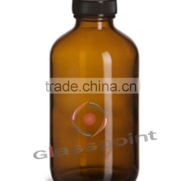 Amber Boston Round Glass Bottle 16 oz with Std Cap, 16oz amber bottle, boston round with plastic cap-120ml