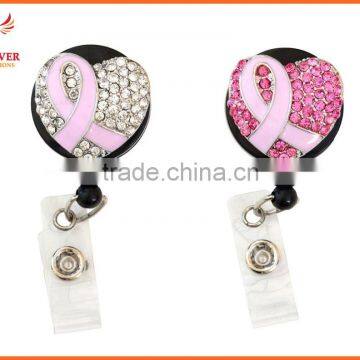 Heart Shape Breast Cancer Awareness Pink Ribbon Rhinestone Retractable Badge Reel ID Badge Holder With Metal Clip