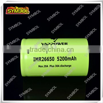 Hot selling 20A high drain 26650 5200mAh battery imr26650 3.6V LiMnO2 imr 26650