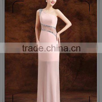 latest design pink one shoulder beading long gown elegant dress ladies                        
                                                Quality Choice