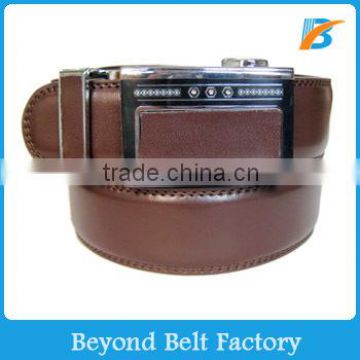 Beyond Men's 35mm Wide Brown Solid Real Leather Auto Lock Business Belt