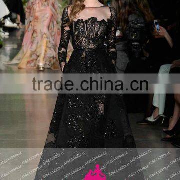 E21 Elegant Custom Made O Neck Long Sleeve Evening dresses Black Long Evening Gowns Tulle Heavy Beaded Vestido De Fiest