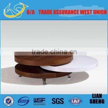 NEW deformable design rotating Round veneer wooden coffee table with stainless steel legs