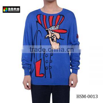 Men Fashion Jacquard Royalblue Knitted Sweater, Men Cute Cartoon Print Sweater