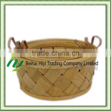 2014 Hot Sale Handmade Wooden Basket with Leather Handles in 3 Sizes