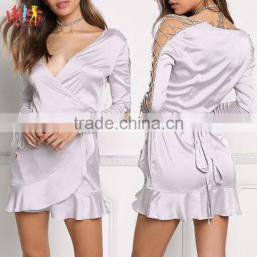 Sexy Wedding Dresses Gowns Silver Silky Sleeve Lace Up Wrap Dress