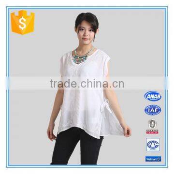 White Chiffon Embroidery Design Casual Blouse For Fat Woman Clothing