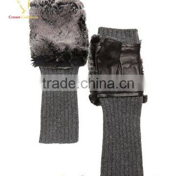 Fashion Women Fingerless Leather Knitting Cashmere Gloves with Fur