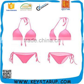 Ladies Pure Pink Color Halter Neck Bra Bikini Strappy Women Swim Wear photo-1