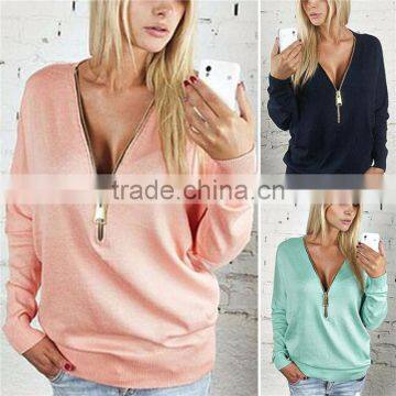 Sexy deep v-neck zipper bat sleeve long sleeve T-shirt woman who dress dress