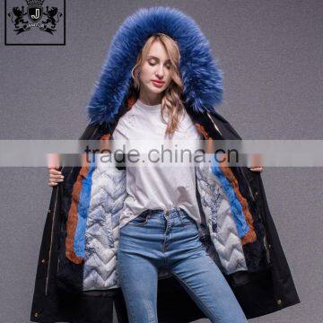 Fashion design adults jacket parka fur custom warm rex rabbit fur and down feather lined parka winter