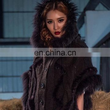 Raccoon and rabbit fur trimming cape cloak with buttons for women knitwear European style