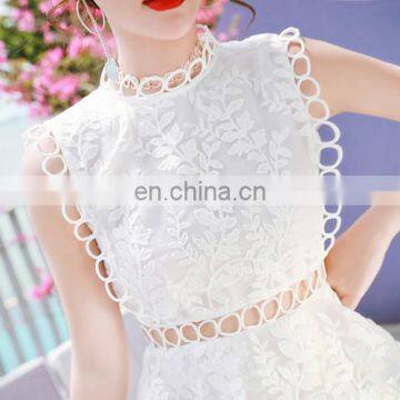 White Lace Dress Lace Patch Work Hollow Out Embroidered Knee Length Sleeveless Formal Dress photo-3