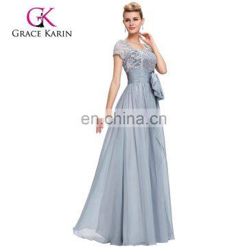 Grace Karin Formal Grey Long Mother of The Bride Lace Dresses Short Sleeve Evening Dress CL4445