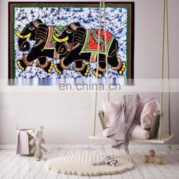 Elephant Pair Batik Indian Cotton Poster Wall Hanging Tapestry Table Cloth Boho