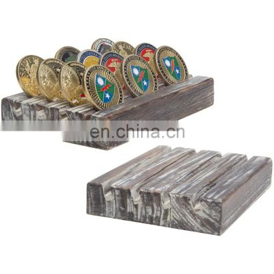 Latest Hot Sale 4 Row Torched Wood Military Challenge Coin Display Holder Stand 4x6x1inch