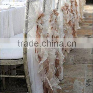 Fashionable design wholesale blush chiffon ruffled wedding chair cover sash with hood