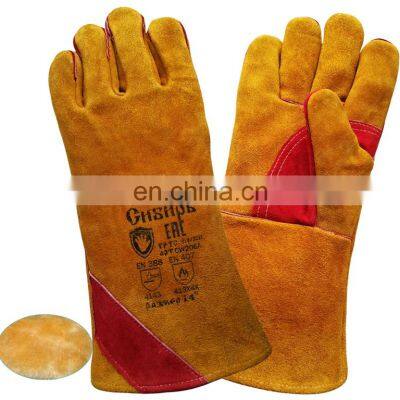 Warm Fur Lined Golden Split Leather Welder Gloves