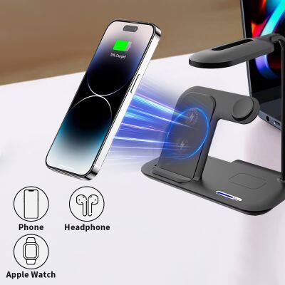 15W LED Desk Lamp Wireless Charger 4-in-1 Cell Phone Wireless Charging Station for Mobile Phone