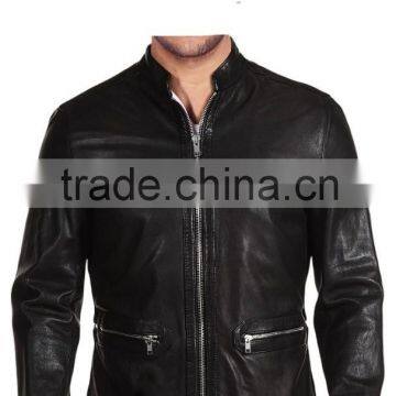 CHAIN HARDWARE POCKET INSTILLED MENS LEATHER BIKER JACKET