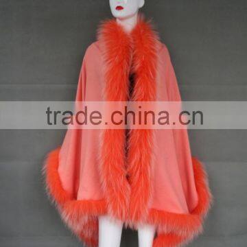 Hot Selling Winter Orange Raccoon Fur Hood Cape /Cashmere Shawl With Factory Price