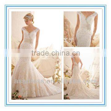 2014 New Fashion Venice Lace Appliques on Net Edged with Crystal Beading & Taffeta Waistband Egypt Wedding Dress (WDBG-2608)