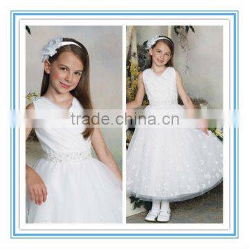 Sleeveless Tulle V Neckline Ruched Multi-Layered Ball Gown Beading Princess Cheap Flower Girl Dress (FLMO-3082)