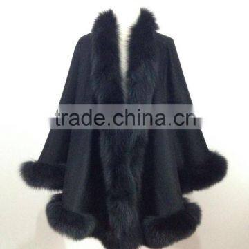 Warm Winter Luxury 100% Cashmere Cape Pashmina With Fluffy Fox Fur Trim Cloak