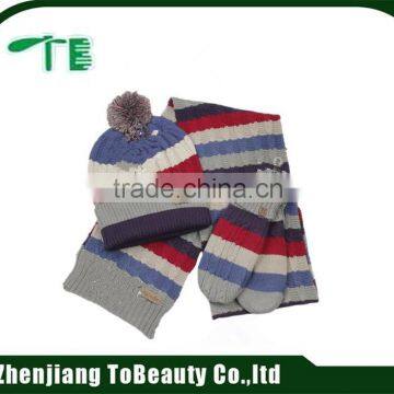 children knitted striped scarf hats gloves set with pompom