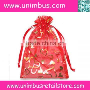 Red Organza Gift Pouch with Golden Heart