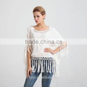 women crinkled rayon poncho blouse with cotton fringes