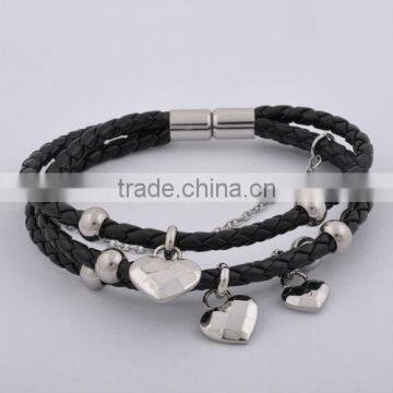 316 Stainless Steel Black Leather Bracelet With Heart Charms(FB20003)