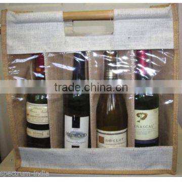 White/Natural Clear Handle 4 Bottles Wine jute Bag