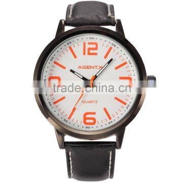Luxury Stainless Steel White Orange Round Dial Black Case Leather Strap Quartz Men Watch