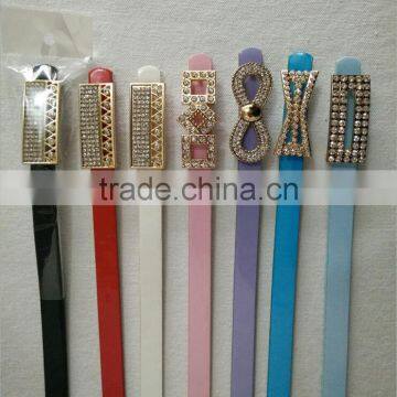 Wholesale colourful rhinestone paved alloy buckle sex women lady thin PU waist belt