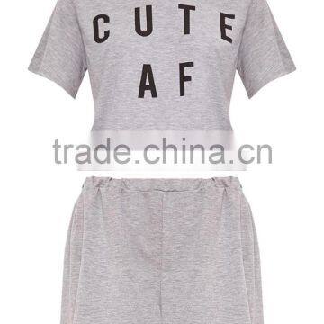 Cheap Price Custom Logo Print Ladies Pajamas Short Pyjama Summer Grey Loungwear Set photo-4