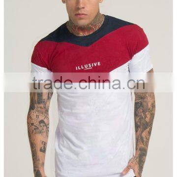 Lightweight 100% Cotton White Red Navy Cut & Sew Scoop Neck Tee Regular Fit Gym T Shirt Bulk Wholesale Paneled T Shirt