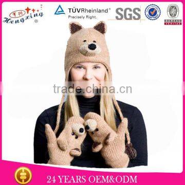 Teddy bear knitted winter warm earflap faux fur animal hat gloves