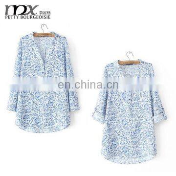 New European Women Floral Print Cotton V Neck Long Sleeves Shirt