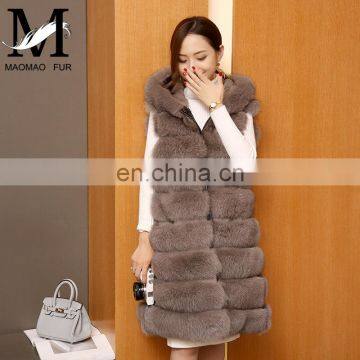 2015 The Latest Blue Fox Fur Hooded Vests Women Fashionable Long Fur Vest