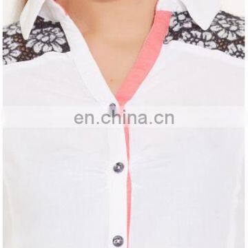 Adult Women's Fashion Lace Work at Shoulder Collar Neck Front Button Style High Quality Semi Sexy Sheer Sleeve Tops Lady Blouse photo-4
