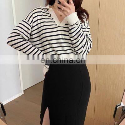 Women Casual Polo Neck Striped Silk Cashmere Sweater Jumper Shirt