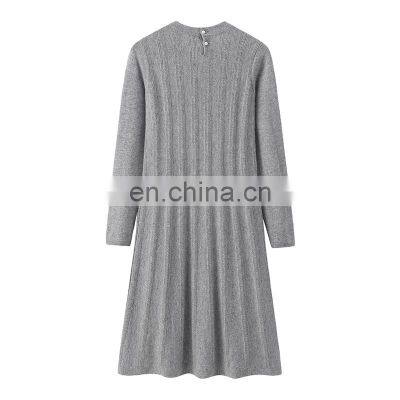 High Quality Ladies A-line Style Crew Neck Cashmere Dress Fall Winter Knee-Length With Yarn Dyed Technics photo-2