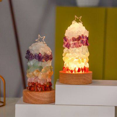 New Led Nature Crystal Crafts Night Lights With Wooden Base Gift Healing Round Table Lamps Xmas room decor lights decoration